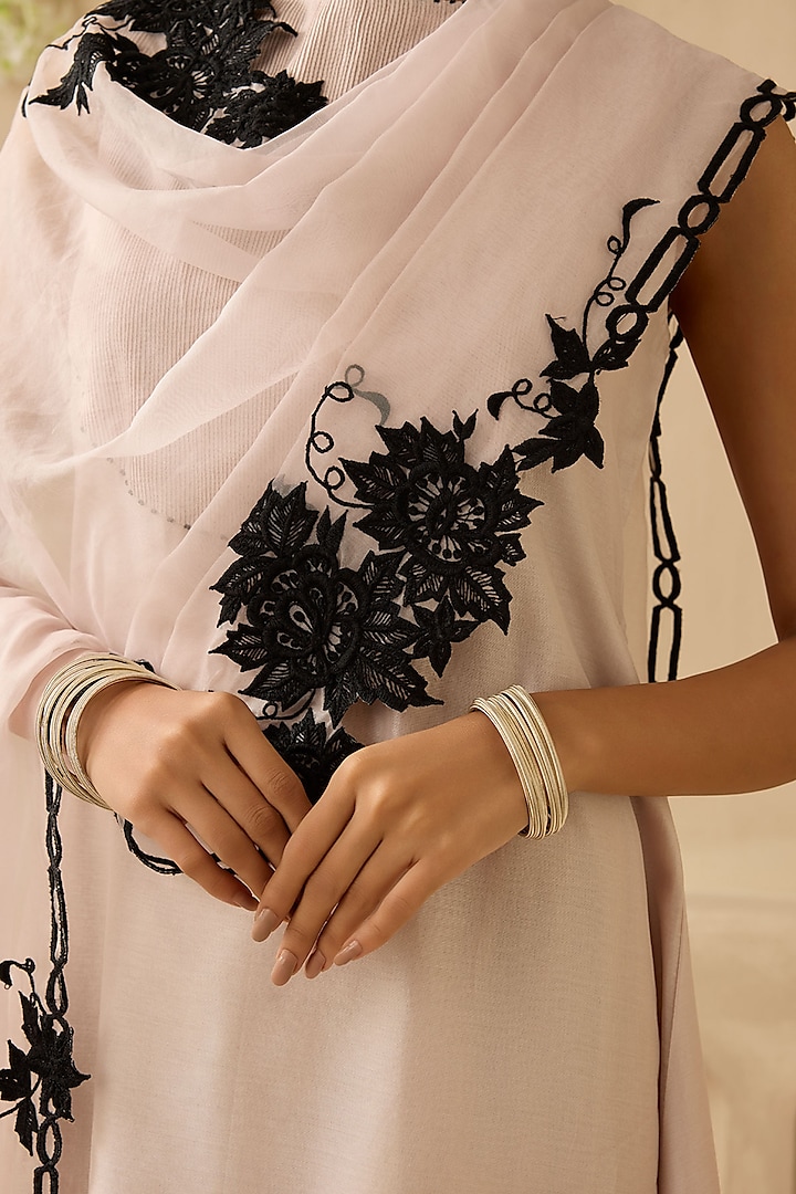 Nude Beige Silk Chanderi Pearl & Bead Embroidered Kurta Set by Sureena Chowdhri at Pernia's Pop Up Shop