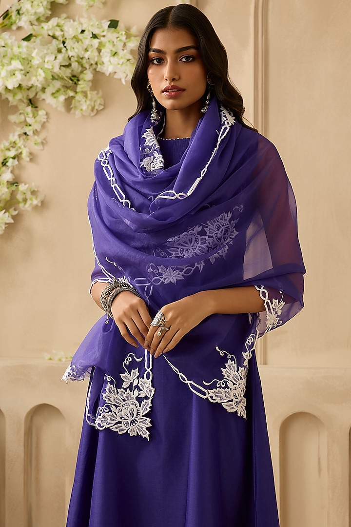 Violet Silk Chanderi Pearl & Bead Embroidered Kurta Set by Sureena Chowdhri at Pernia's Pop Up Shop