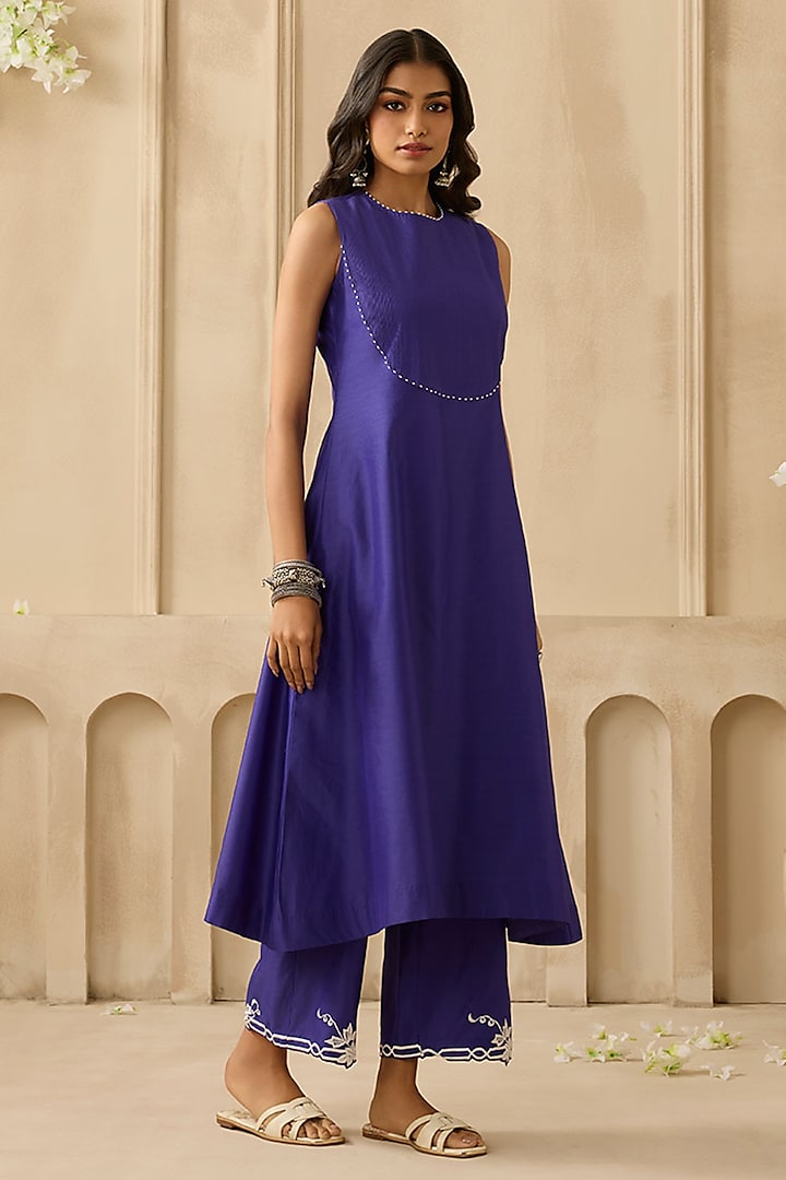 Violet Silk Chanderi Pearl & Bead Embroidered Kurta Set by Sureena Chowdhri at Pernia's Pop Up Shop