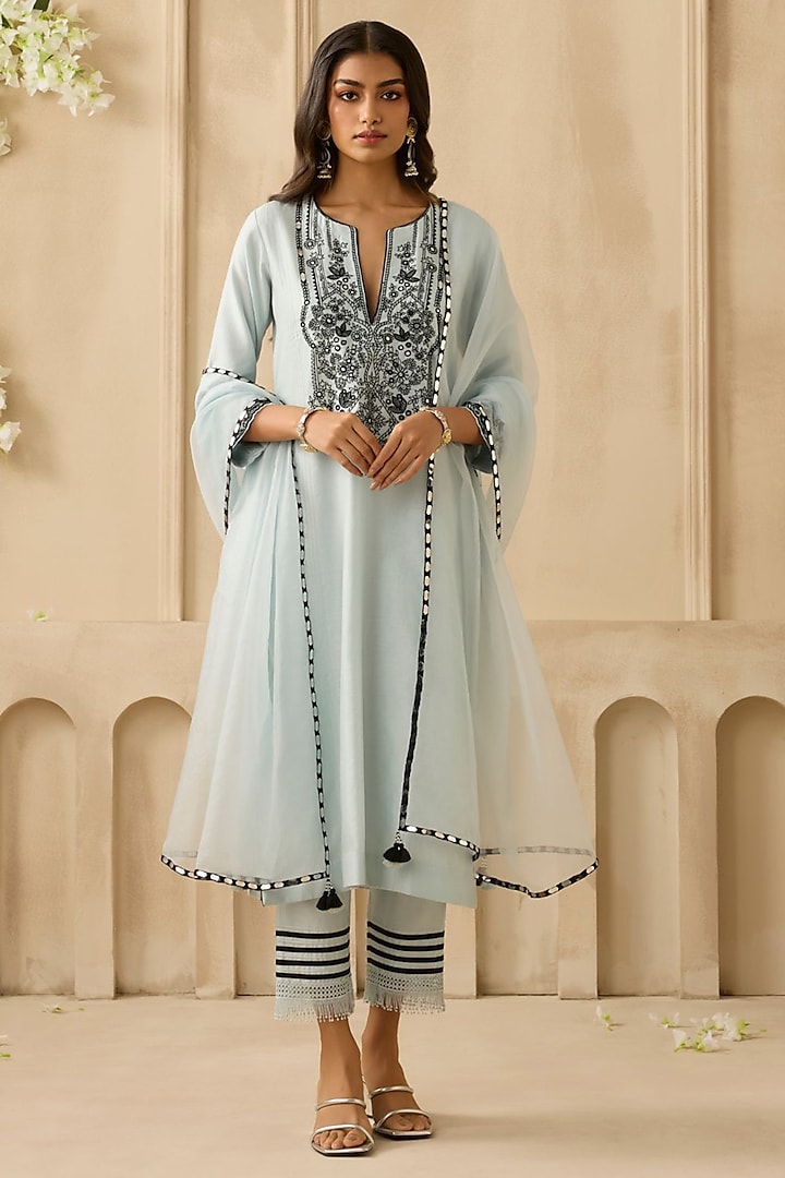 Powder Blue Silk Chanderi Gota & Applique Embroidered Kurta Set by Sureena Chowdhri at Pernia's Pop Up Shop