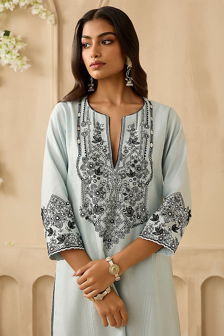 Powder Blue Silk Chanderi Gota & Applique Embroidered Kurta Set by Sureena Chowdhri at Pernia's Pop Up Shop