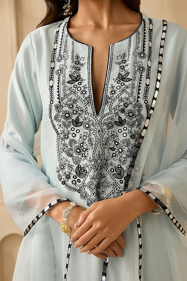 Powder Blue Silk Chanderi Gota & Applique Embroidered Kurta Set by Sureena Chowdhri at Pernia's Pop Up Shop