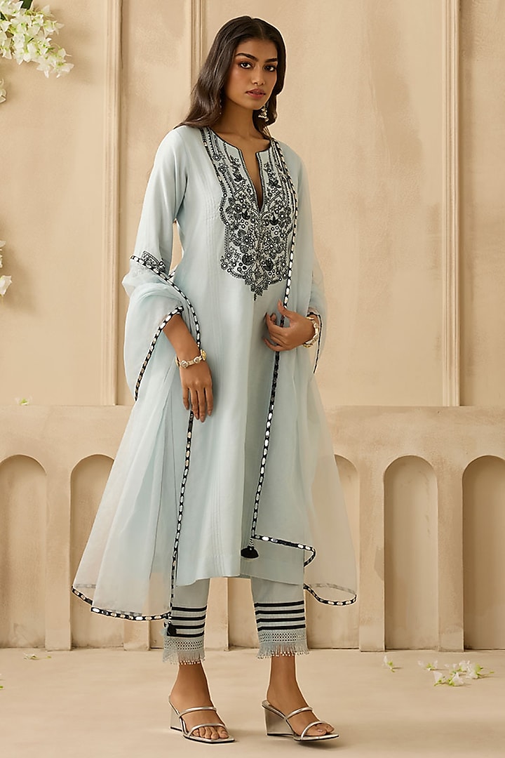 Powder Blue Silk Chanderi Gota & Applique Embroidered Kurta Set by Sureena Chowdhri at Pernia's Pop Up Shop