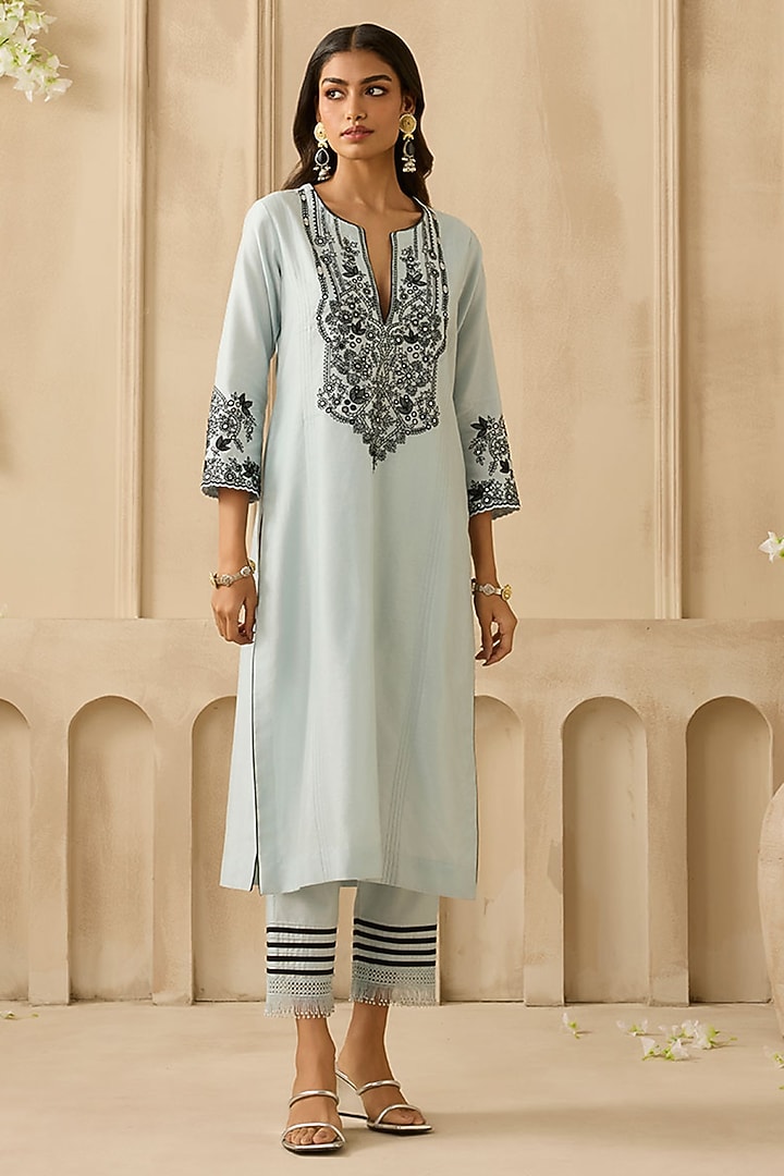 Powder Blue Silk Chanderi Gota & Applique Embroidered Kurta Set by Sureena Chowdhri at Pernia's Pop Up Shop