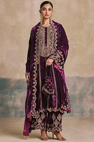 Plum-Colored Silk Velvet Embroidered Kurta Set by Sureena Chowdhri