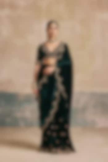 Bottle Green Silk Velvet Motif Embroidered Sharara Reception Saree Set by Sureena Chowdhri at Pernia's Pop Up Shop