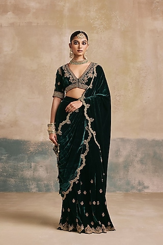 Bottle Green Silk Velvet Motif Embroidered Sharara Saree Set by Sureena Chowdhri