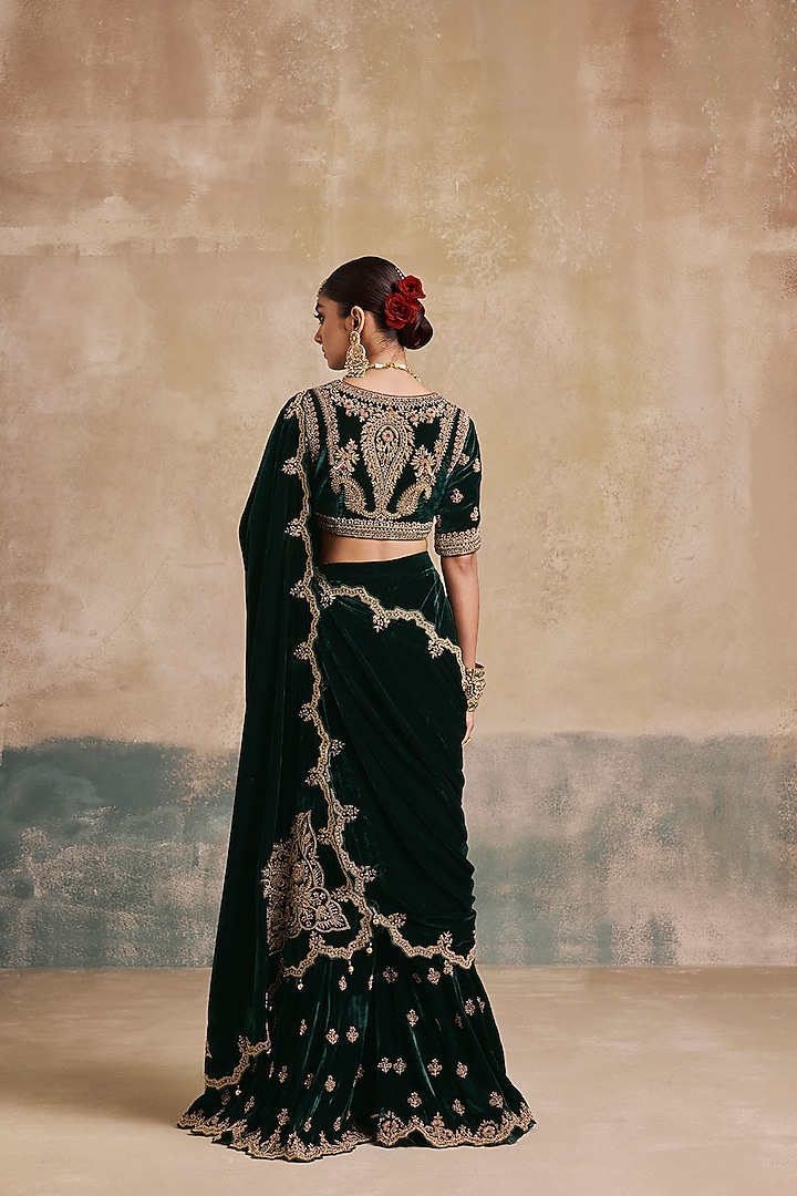 Bottle Green Silk Velvet Motif Embroidered Sharara Reception Saree Set by Sureena Chowdhri at Pernia's Pop Up Shop