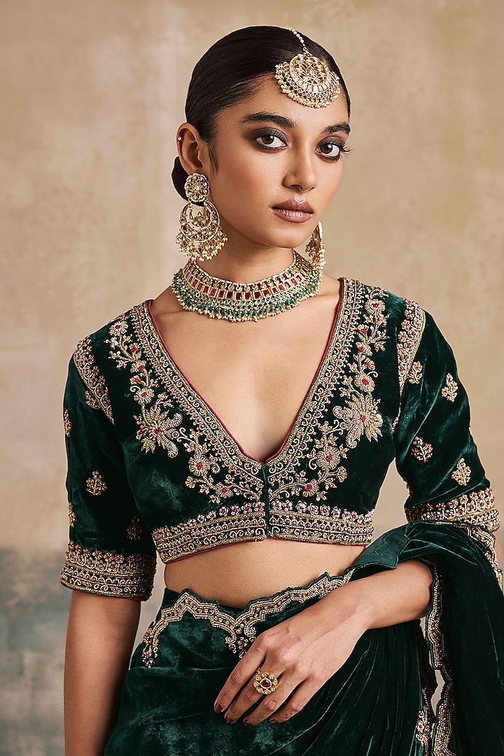 Bottle Green Silk Velvet Motif Embroidered Sharara Reception Saree Set by Sureena Chowdhri at Pernia's Pop Up Shop