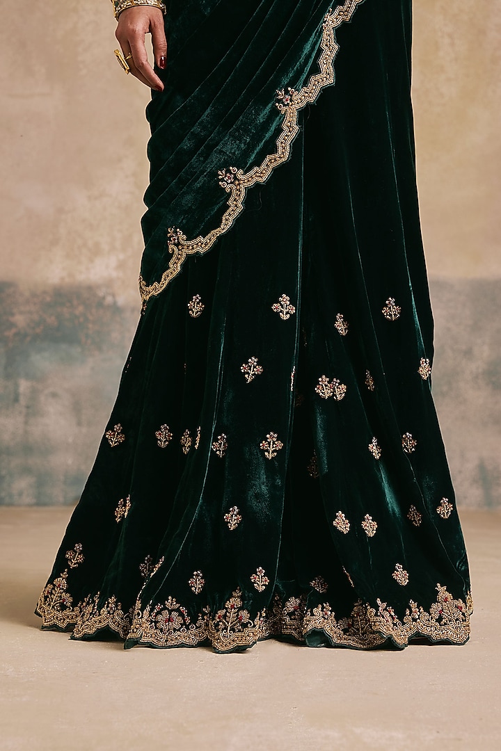 Bottle Green Silk Velvet Motif Embroidered Sharara Reception Saree Set by Sureena Chowdhri at Pernia's Pop Up Shop