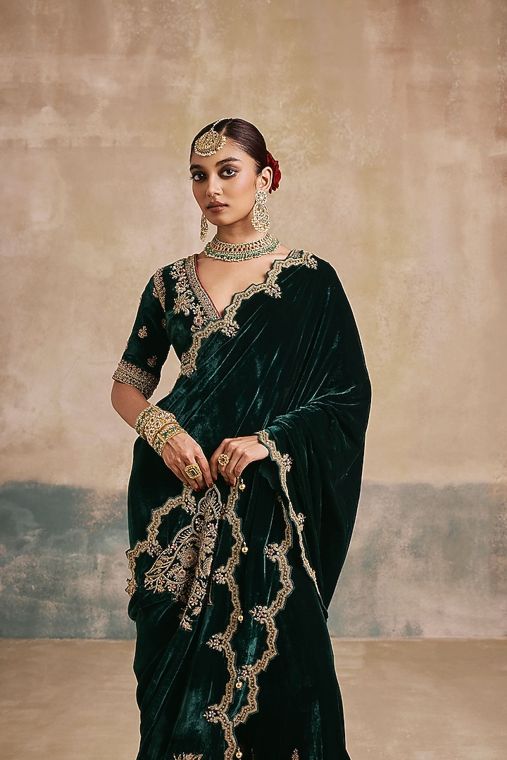 Bottle Green Silk Velvet Motif Embroidered Sharara Reception Saree Set by Sureena Chowdhri at Pernia's Pop Up Shop