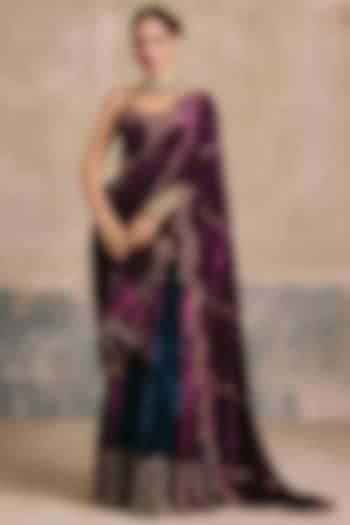 Plum & Peacock Blue Silk Velvet Embroidered Sharara Reception Saree Set by Sureena Chowdhri at Pernia's Pop Up Shop