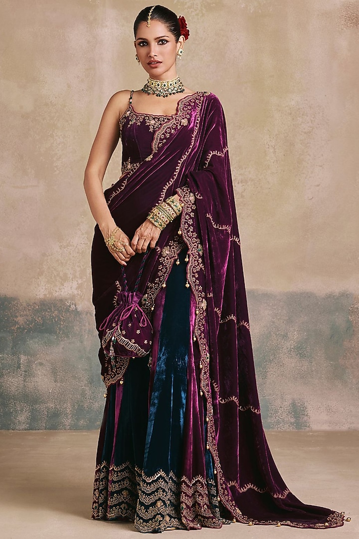 Plum & Peacock Blue Silk Velvet Embroidered Sharara Reception Saree Set by Sureena Chowdhri at Pernia's Pop Up Shop