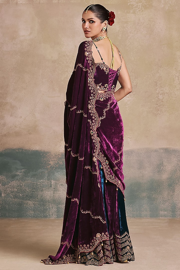 Plum & Peacock Blue Silk Velvet Embroidered Sharara Reception Saree Set by Sureena Chowdhri at Pernia's Pop Up Shop
