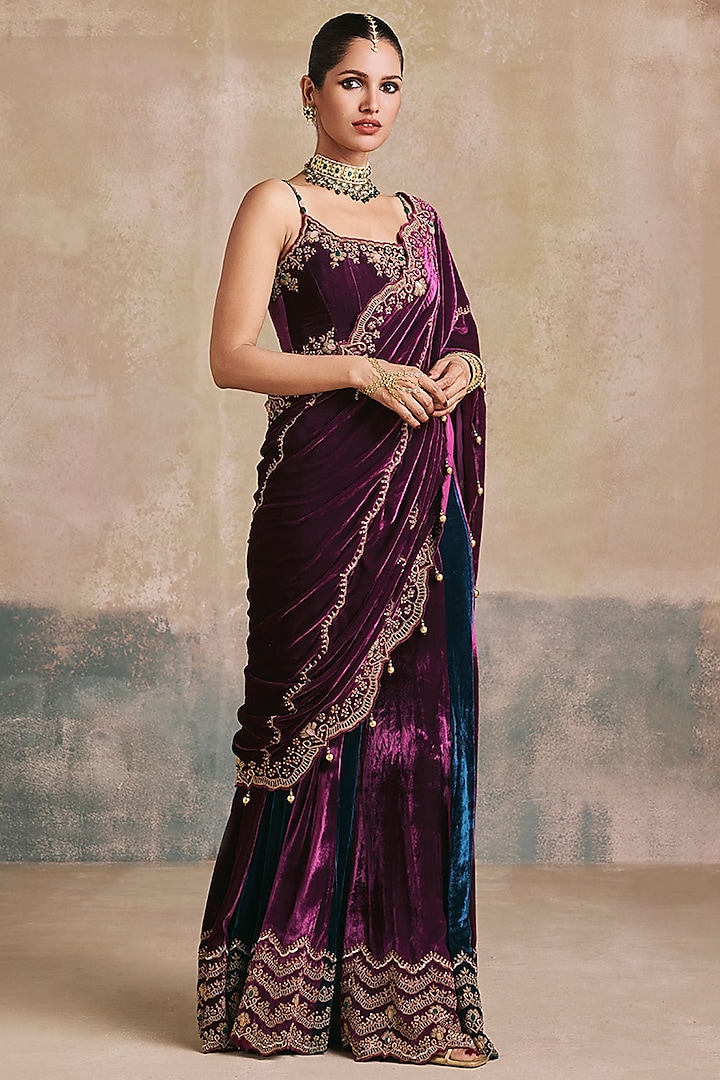 Plum & Peacock Blue Silk Velvet Embroidered Sharara Reception Saree Set by Sureena Chowdhri at Pernia's Pop Up Shop