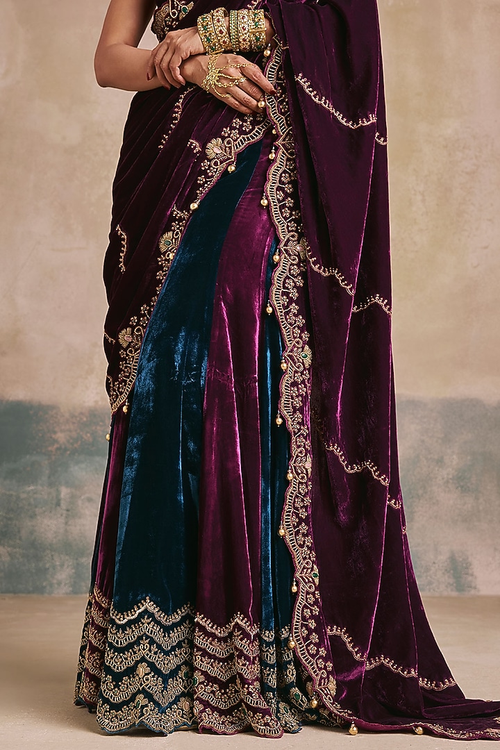 Plum & Peacock Blue Silk Velvet Embroidered Sharara Reception Saree Set by Sureena Chowdhri at Pernia's Pop Up Shop