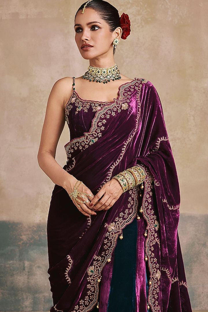 Plum & Peacock Blue Silk Velvet Embroidered Sharara Reception Saree Set by Sureena Chowdhri at Pernia's Pop Up Shop