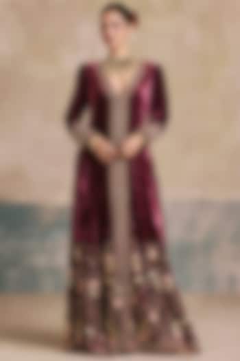 Wine Silk Velvet Zardosi Embroidered Bridal Anarkali by Sureena Chowdhri at Pernia's Pop Up Shop