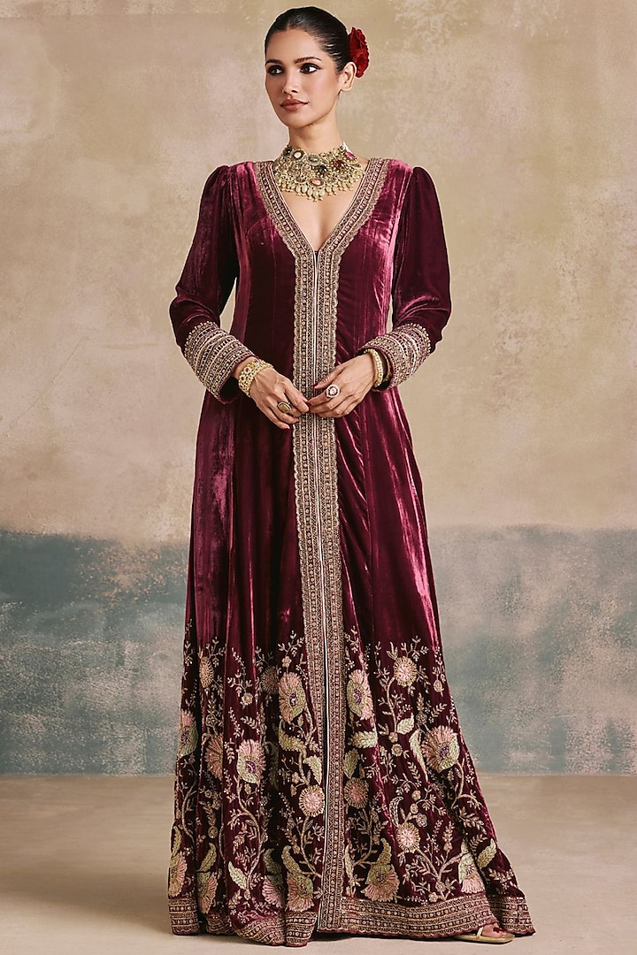 Wine Silk Velvet Zardosi Embroidered Bridal Anarkali by Sureena Chowdhri at Pernia's Pop Up Shop