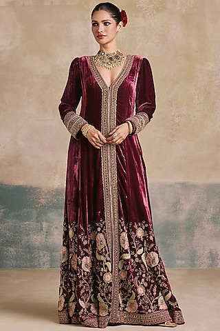 Wine Silk Velvet Zardosi Embroidered Anarkali by Sureena Chowdhri