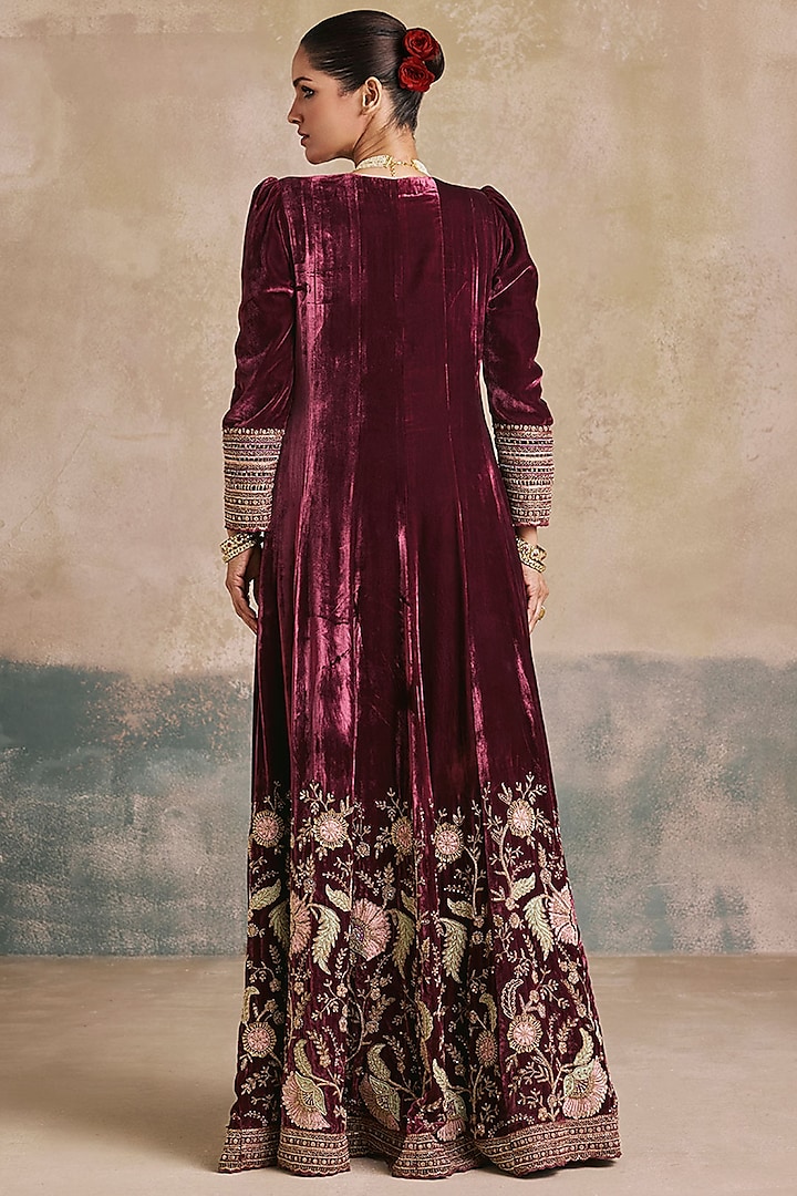 Wine Silk Velvet Zardosi Embroidered Bridal Anarkali by Sureena Chowdhri at Pernia's Pop Up Shop