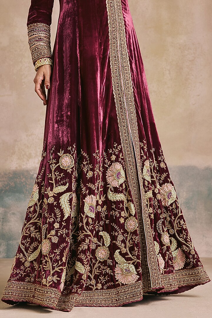 Wine Silk Velvet Zardosi Embroidered Bridal Anarkali by Sureena Chowdhri at Pernia's Pop Up Shop