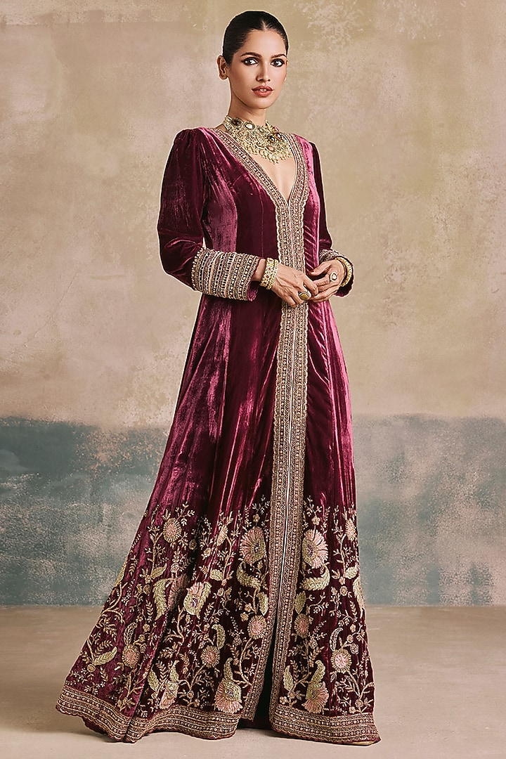 Wine Silk Velvet Zardosi Embroidered Bridal Anarkali by Sureena Chowdhri at Pernia's Pop Up Shop