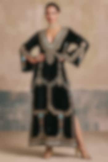 Black Silk Velvet Zardosi & Thread Embroidered Kaftan by Sureena Chowdhri at Pernia's Pop Up Shop