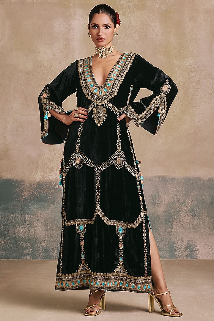 Black Silk Velvet Zardosi & Thread Embroidered Kaftan by Sureena Chowdhri at Pernia's Pop Up Shop