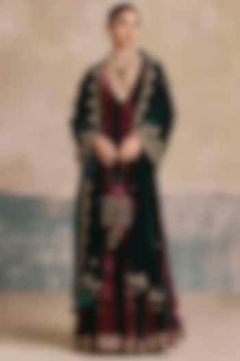 Wine & Bottle Green Silk Velvet Scalloped Wedding Anarkali Set by Sureena Chowdhri at Pernia's Pop Up Shop