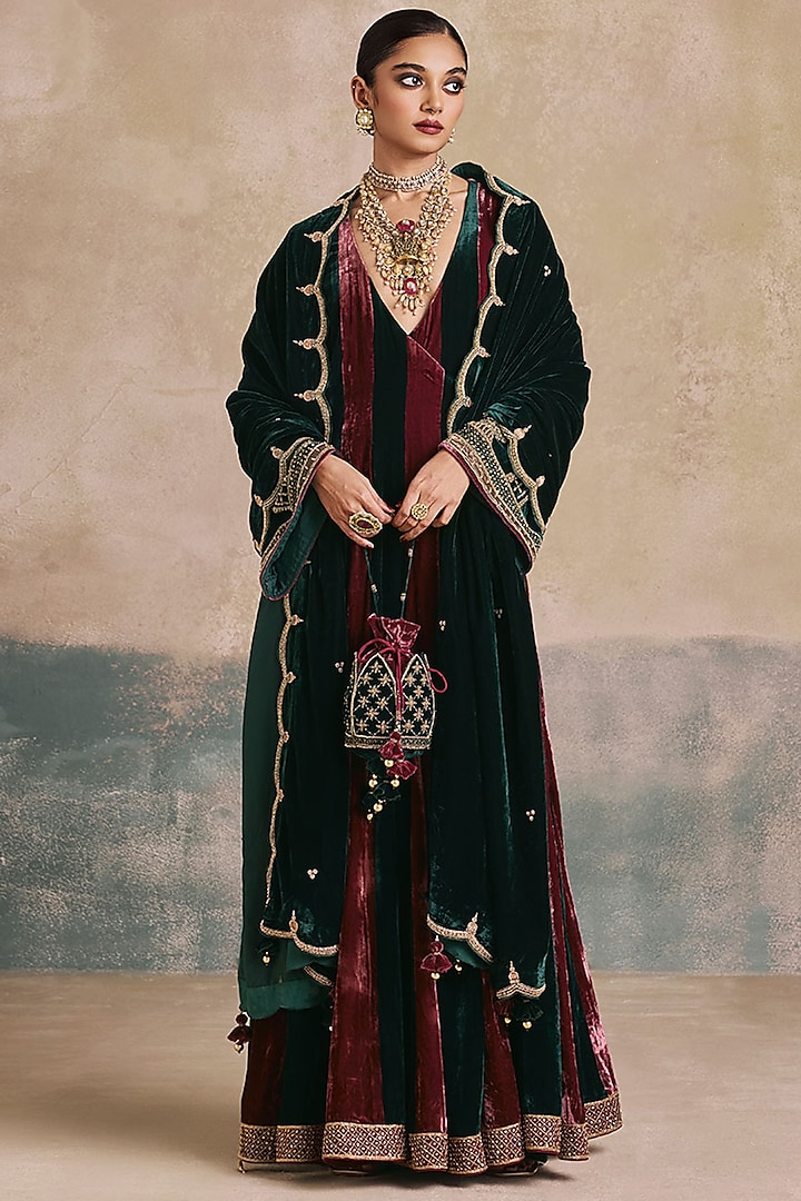 Wine & Bottle Green Silk Velvet Scalloped Wedding Anarkali Set by Sureena Chowdhri at Pernia's Pop Up Shop