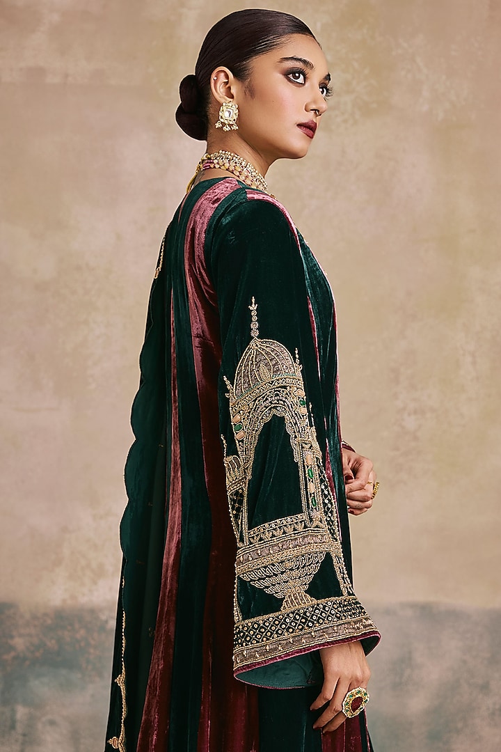 Wine & Bottle Green Silk Velvet Scalloped Wedding Anarkali Set by Sureena Chowdhri at Pernia's Pop Up Shop