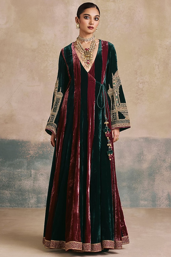 Wine & Bottle Green Silk Velvet Scalloped Wedding Anarkali Set by Sureena Chowdhri at Pernia's Pop Up Shop