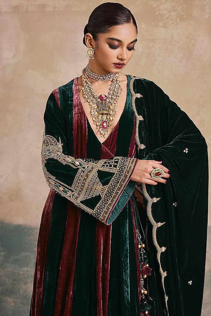 Wine & Bottle Green Silk Velvet Scalloped Wedding Anarkali Set by Sureena Chowdhri at Pernia's Pop Up Shop