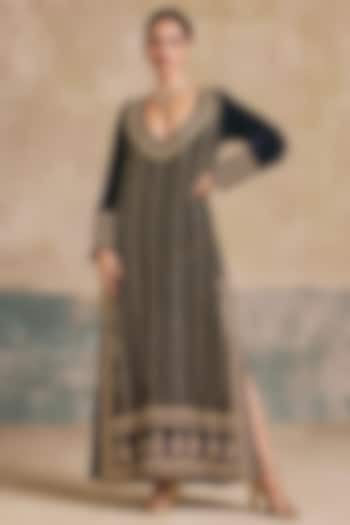 Navy Blue Silk Velvet Thread Embroidered Kaftan by Sureena Chowdhri at Pernia's Pop Up Shop