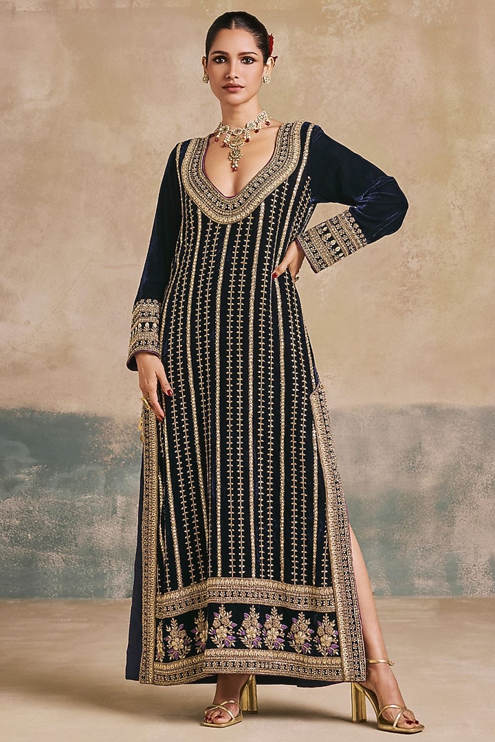 Navy Blue Silk Velvet Thread Embroidered Kaftan by Sureena Chowdhri at Pernia's Pop Up Shop