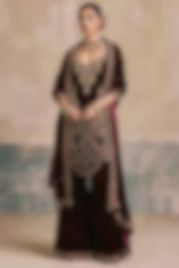 Mulberry-Colored Silk Velvet Motif Embroidered Bridal Sharara Set by Sureena Chowdhri at Pernia's Pop Up Shop