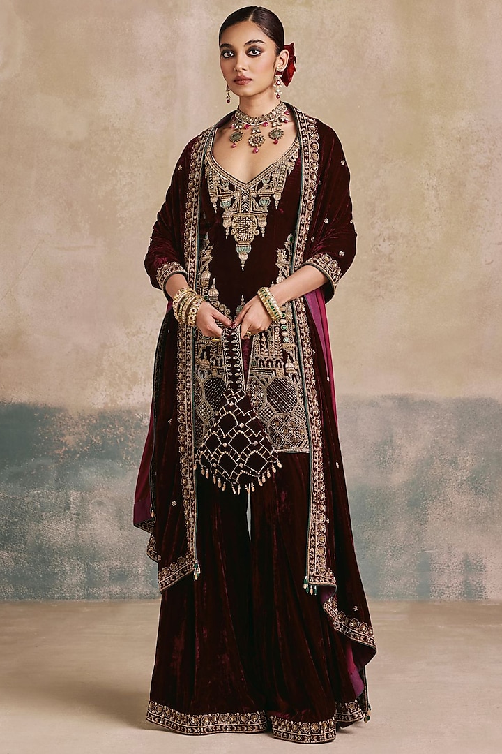 Mulberry-Colored Silk Velvet Motif Embroidered Bridal Sharara Set by Sureena Chowdhri at Pernia's Pop Up Shop