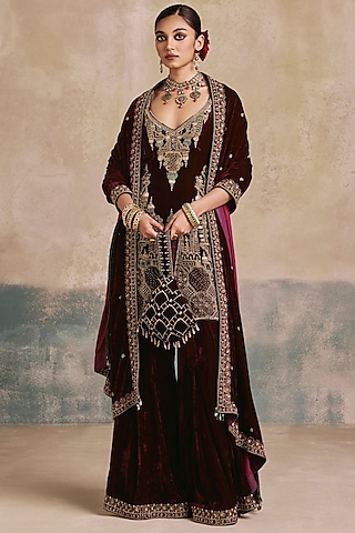 Mulberry-Colored Silk Velvet Motif Embroidered Sharara Set by Sureena Chowdhri