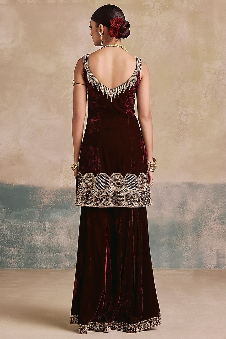 Mulberry-Colored Silk Velvet Motif Embroidered Bridal Sharara Set by Sureena Chowdhri at Pernia's Pop Up Shop