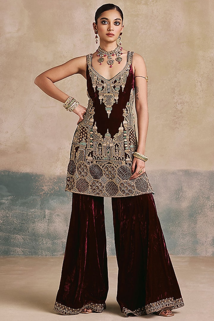 Mulberry-Colored Silk Velvet Motif Embroidered Bridal Sharara Set by Sureena Chowdhri at Pernia's Pop Up Shop