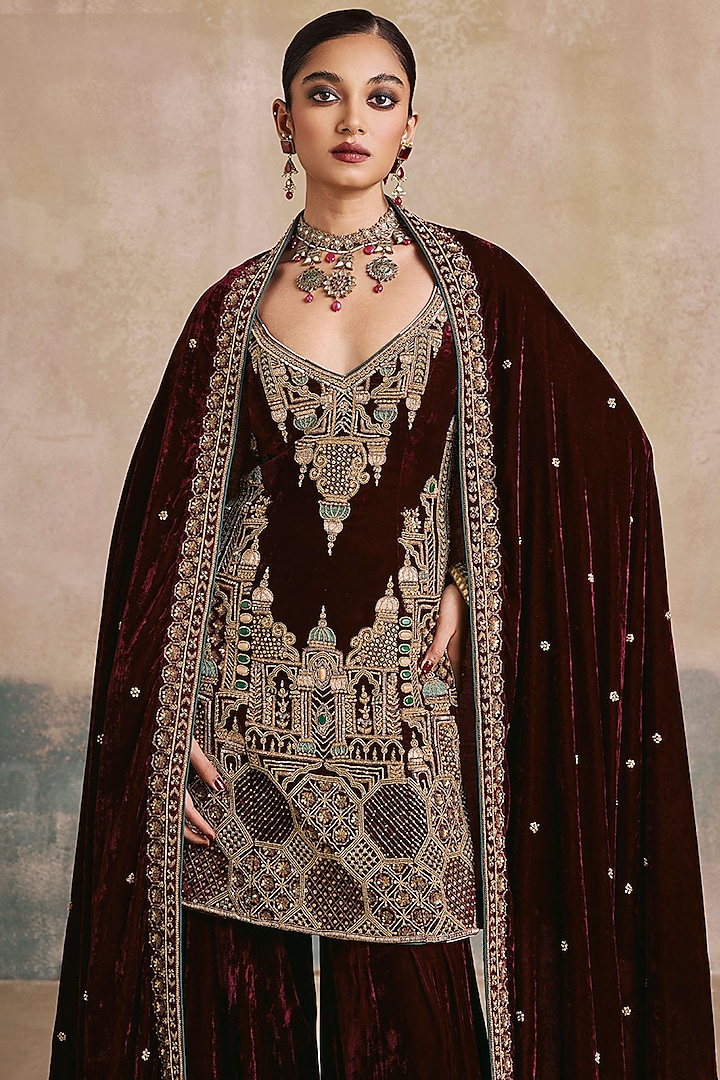 Mulberry-Colored Silk Velvet Motif Embroidered Bridal Sharara Set by Sureena Chowdhri at Pernia's Pop Up Shop