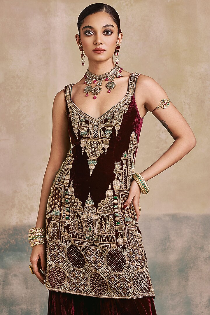 Mulberry-Colored Silk Velvet Motif Embroidered Bridal Sharara Set by Sureena Chowdhri at Pernia's Pop Up Shop