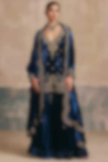 Peacock Blue Silk Velvet Motif Embroidered Gharara Set by Sureena Chowdhri at Pernia's Pop Up Shop