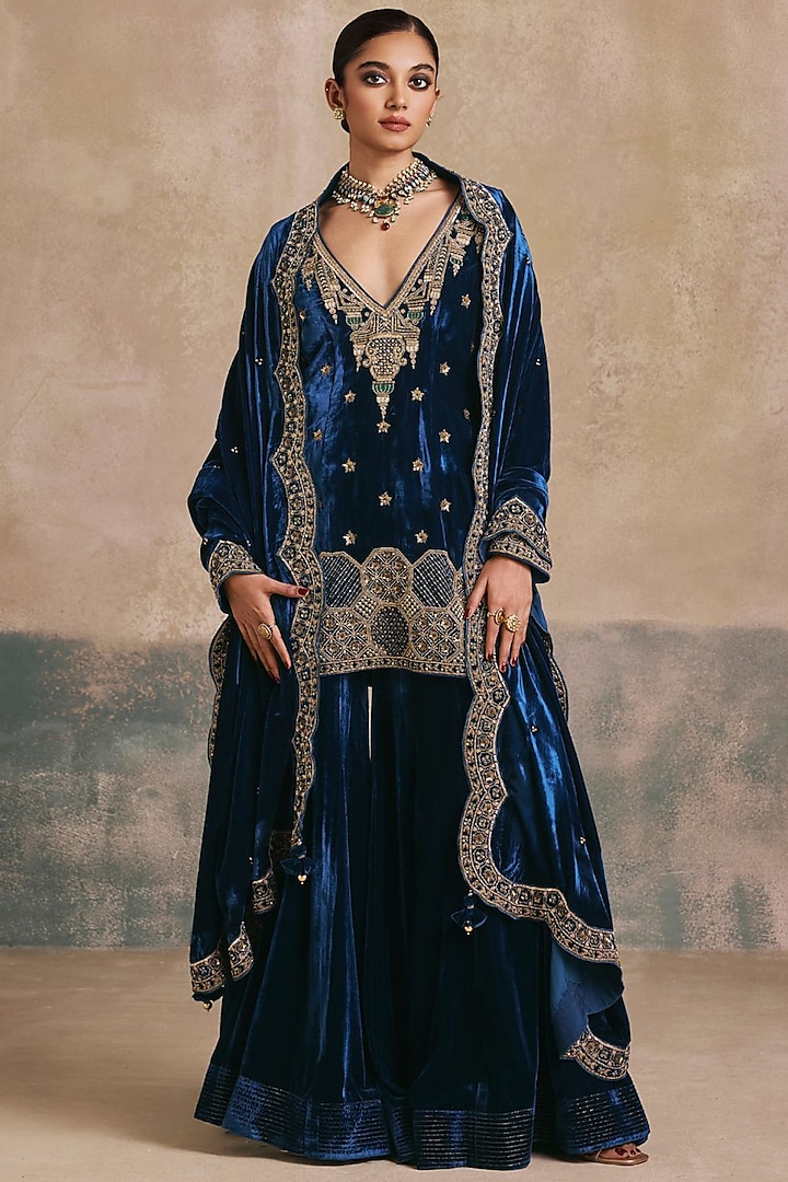 Peacock Blue Silk Velvet Motif Embroidered Gharara Set by Sureena Chowdhri at Pernia's Pop Up Shop