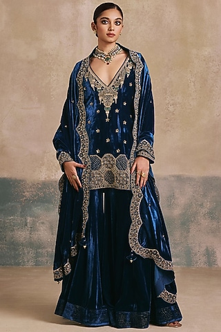 Peacock Blue Silk Velvet Motif Embroidered Gharara Set by Sureena Chowdhri