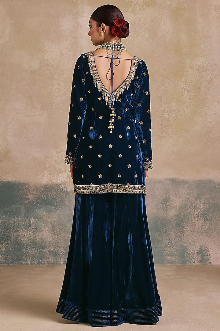 Peacock Blue Silk Velvet Motif Embroidered Gharara Set by Sureena Chowdhri at Pernia's Pop Up Shop