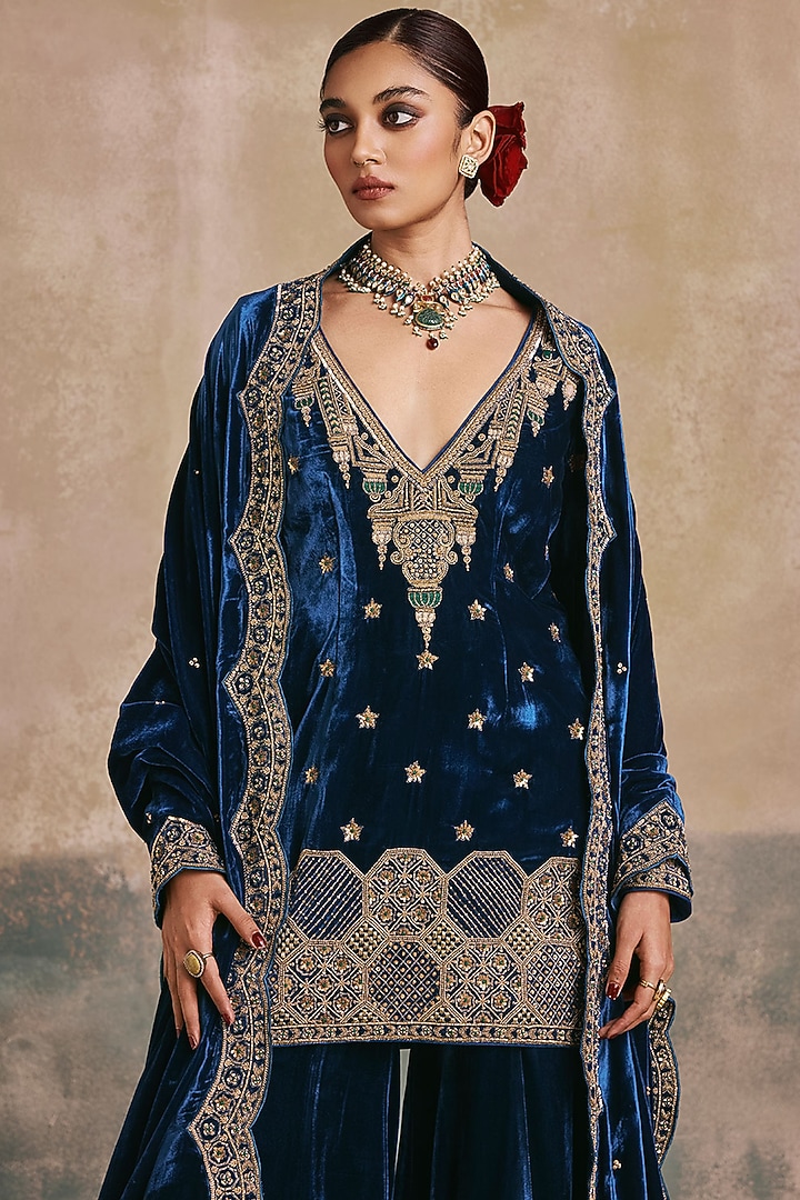 Peacock Blue Silk Velvet Motif Embroidered Gharara Set by Sureena Chowdhri at Pernia's Pop Up Shop