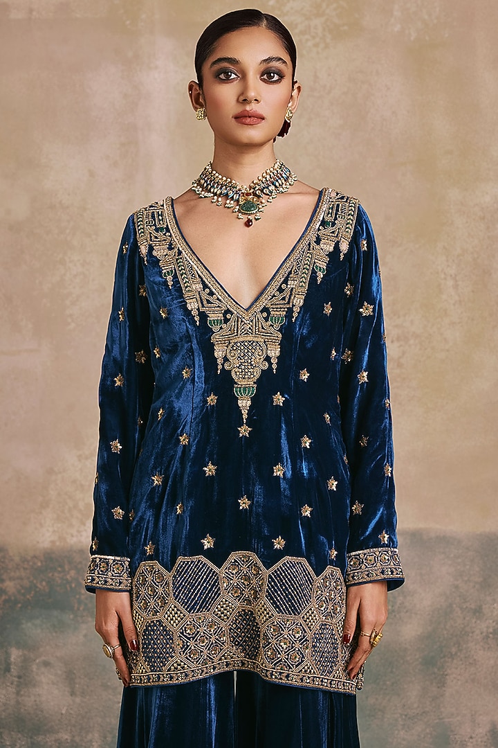 Peacock Blue Silk Velvet Motif Embroidered Gharara Set by Sureena Chowdhri at Pernia's Pop Up Shop