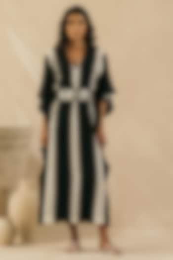 Ebony Black & Ivory Muslin Striped Kaftan by Sureena Chowdhri at Pernia's Pop Up Shop